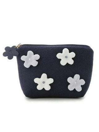 Airy Moco Flower Pouch with navy background and plush flower appliqués for stylish storage.