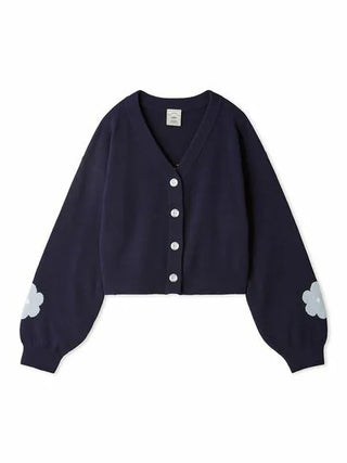 Airy Moco Flower Logo Jacquard Cropped Cardigan in Navy, Comfy and Luxury Women's Loungewear Cardigan at Gelato Pique USA