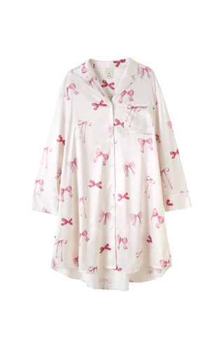 Ribbon Pattern Satin Shirt Dress with pink bow print, elegant and comfortable for loungewear or casual style.