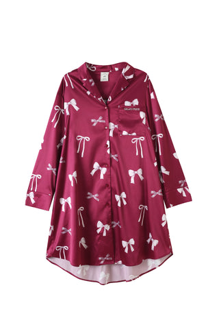 Ribbon Pattern Satin Shirt Dress with bow print, in rich maroon color, showcasing elegance and comfort in premium satin fabric.