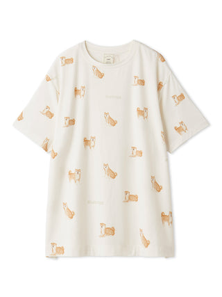 Cream Shiba Motif Lounge T-shirt with hand-drawn Shiba Inu print, perfect for premium loungewear and sleepwear. Gelato Pique USA fashion.