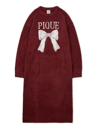 Ribbon Jacquard Dress in burgundy with a white bow design, made from plush material by Gelato Pique for cozy elegance.