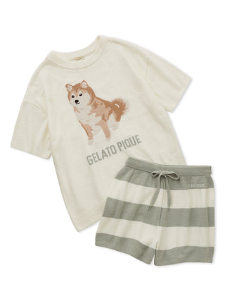 Cream Shiba Pullover & Green Striped Shorts Loungewear Set by Gelato Pique USA, featuring a playful Shiba Inu design. Premium loungewear.