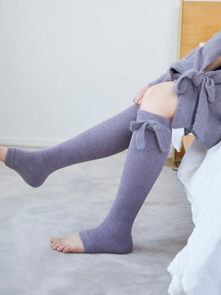 Ribbed Knit Knee-High Socks with Bow Accent in Charcoal Gray,Cozy Women's Loungewear Socks at Gelato Pique USA