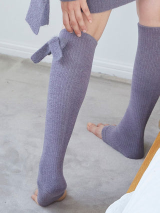 Ribbed Knit Knee-High Socks with Bow Accent in Charcoal Gray,Cozy Women's Loungewear Socks at Gelato Pique USA