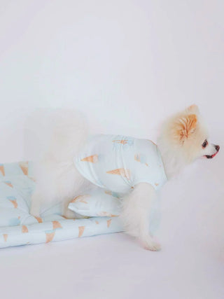 White dog on CAT&DOG Ice Pattern COOL Pet Bed Size M with ice cream cone design, showcasing style and comfort for pets.