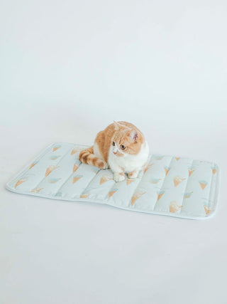 Cat sitting on CAT&DOG Ice Cream Motif Cooling Mat with colorful ice cream cone print, designed for pet comfort and style.