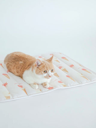 Cat lying on a CAT&DOG Ice Cream Motif Cooling Mat with colorful ice cream cone design by GELATO PIQUE USA, offering summer comfort.