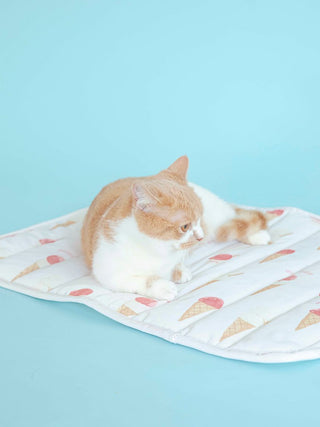 Cat relaxing on an ice cream motif cooling mat by GELATO PIQUE USA, featuring colorful cone patterns, against a light blue background.