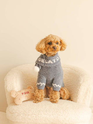 Small dog wearing a blue CAT&DOG Baby Moco Muffler sitting on a cozy chair next to a toy bone pillow.