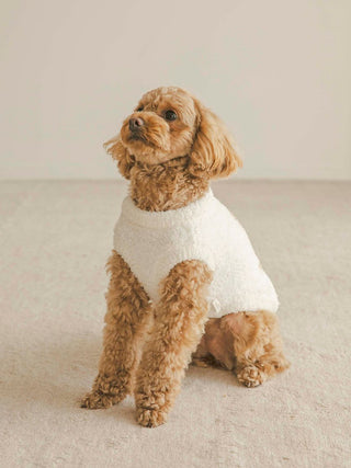 Cute dog wearing CAT&DOG Baby Moco Animal Pet Clothes in a soft, white, fluffy sweater.