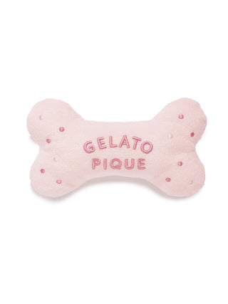 Pink bone-shaped plush pet toy with 'Gelato Pique' text, suitable for cats and dogs.