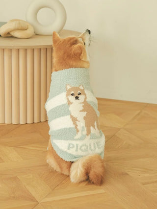 Shiba Inu wearing light blue and white striped Gelato Pique USA baby moco pet clothes, premium loungewear and sleepwear.