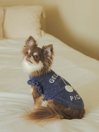 Small dog wearing blue jacquard sweater, sitting on bed, showcasing trendy pet clothing.