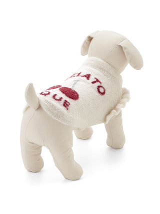 Alt Tag: Dog mannequin wearing cherry-themed jacquard pet clothes in cream, featuring red text and design on the back.