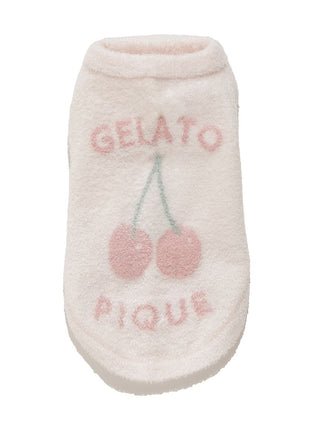 Cherry jacquard pet clothes with 'Gelato Pique' text, designed for cats and dogs. Features a soft, smoothie-themed fabric.