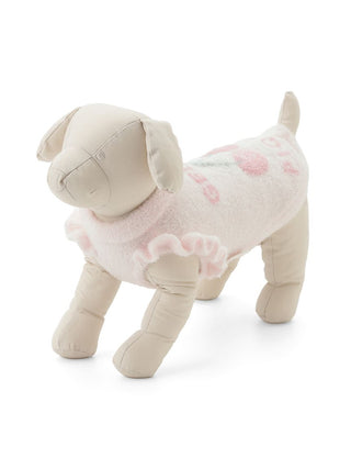 Soft toy mannequin wearing pink cherry jacquard pet sweater for dogs and cats, showcasing smoothie cherry pattern.