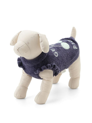 Stuffed dog model wearing a purple cherry jacquard pet sweater, showcasing CAT & DOG Smoothie pet clothing.