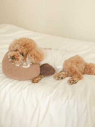 Alt Tag: Brown poodle resting on beige Baby Moco Ice Motif Pet Pillow, Gelato Pique USA. Premium pet loungewear and sleepwear.