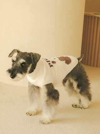 Cute dog wearing a white Gelato Pique USA high-neck Panda jacquard sweater, premium loungewear for pets.