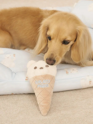 Dog playing with Gelato Pique USA CAT & DOG Bear Ice Toy, premium loungewear and sleepwear accessory