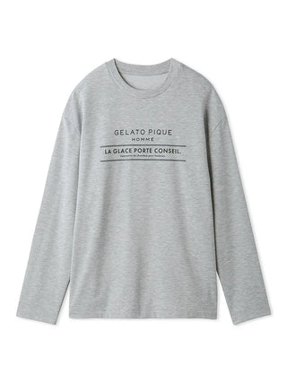 Gray men's long-sleeve T-shirt with subtle logo graphic, ideal for layering as cozy loungewear.