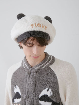 White and black panda-inspired water-absorbing hair bonnet from Gelato Pique USA. Cozy premium loungewear for home lounging.