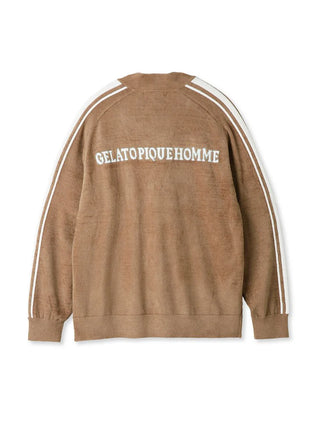 Back view of brown Gelato Pique Homme cardigan with stylish stripes and text detail on soft fabric.