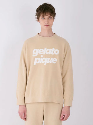 Man wearing Gelato Pique MENS Air Moco Logo Sweatshirt in beige featuring jacquard logo design.