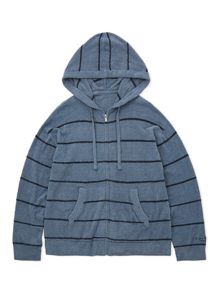 Men's Hot Smoothie Zip Up Hoodie in plush blue fabric with black stripes and front pockets, designed for comfort and warmth.