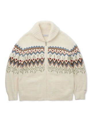 Gelato Pique powder shawl collar cardigan with Fair Isle pattern, cozy layering essential.