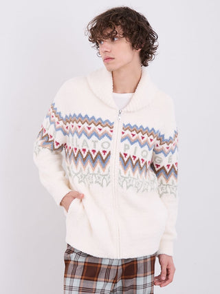 Model wearing Gelato Pique USA shawl collar cardigan with Fair Isle pattern and zipper front, ideal for cozy casual layering.