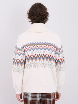 Back view of Powder Shawl Collar Cardigan with Fair Isle pattern, featuring a cozy design perfect for layering in cold weather.