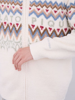 Close-up of Fair Isle pattern on Powder Shawl Collar Cardigan by Gelato Pique USA, showcasing cozy knit and arm detail.