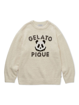 Cream Powder Panda Jacquard Pullover Sweater by Gelato Pique USA, featuring cozy premium loungewear style with panda knit design.