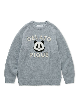 Cozy Gelato Pique USA Powder Panda Jacquard Pullover Sweater in blue, featuring a premium panda face design for loungewear and sleepwear.