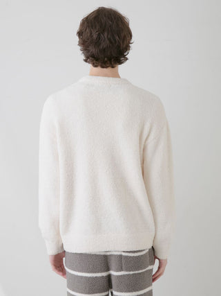 Back view of man wearing cream Powder Panda Jacquard Pullover by Gelato Pique USA. Cozy premium loungewear and sleepwear.