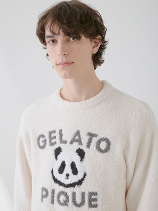 Cream Powder Panda Jacquard Pullover Sweater with panda face and Gelato Pique logo, featuring cozy, premium loungewear design.