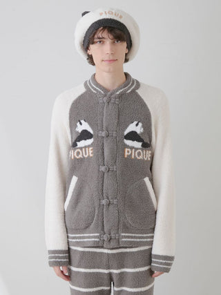 Cozy gray Gelato Pique USA panda jacquard varsity jacket for men, featuring premium loungewear and sleepwear design.