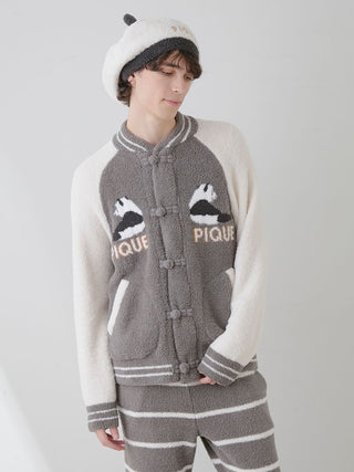 Cozy gray MENS Powder Panda Varsity Jacket by Gelato Pique USA, featuring panda jacquard, perfect for premium loungewear and sleepwear.