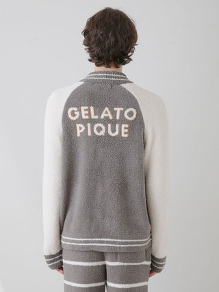 Gray Gelato Pique men's cozy jacket, back view, featuring soft, loungewear material and 'Gelato Pique' branding on the back.