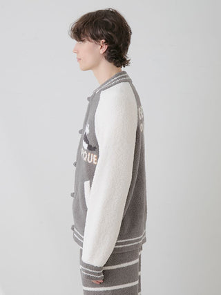 Side view of men's gray and white Powder Panda Jacquard Varsity Jacket by Gelato Pique USA, featuring cozy, premium loungewear style.