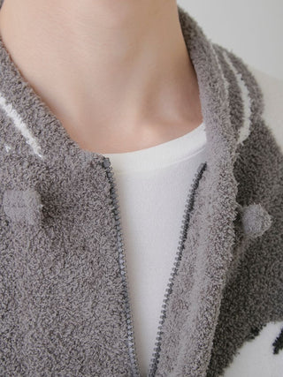 Close-up of Men's Powder Panda Jacquard Varsity Jacket collar, showcasing soft gray material and Chinese button detail - Gelato Pique USA.