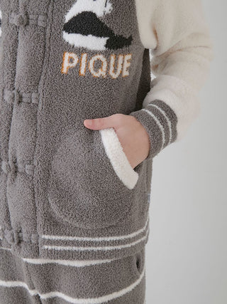 Gray Powder Panda Jacquard Varsity Jacket by Gelato Pique USA; cozy premium loungewear and sleepwear with Chinese button accents.