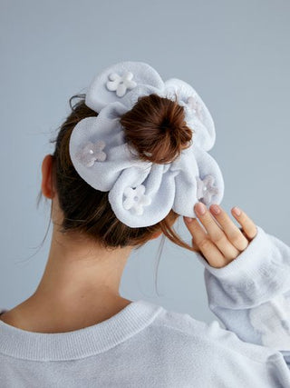 Airy Moco Flower Hair Scrunchie in Blue, Women's Loungewear Hair Accessories, Hair Clips, Headbands, Hair Ties at Gelato Pique USA