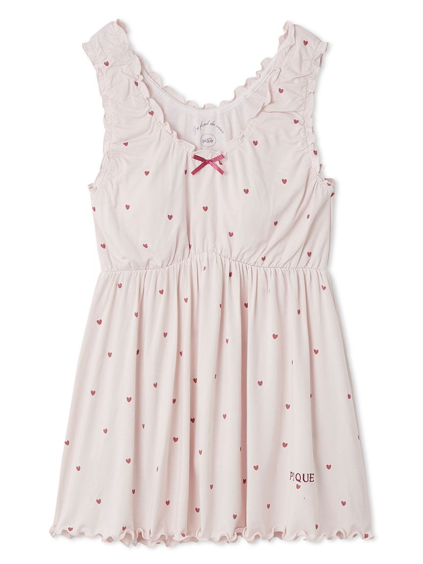 Gelato Pique women’s pink sleeveless babydoll pajama top featuring pink heart pattern, ruffled edges, ribbon bow at neckline, and embroidered logo.
