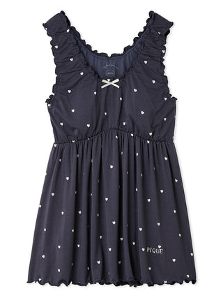 Gelato Pique women’s navy sleeveless babydoll pajama top featuring white heart pattern, ruffled edges, ribbon bow at neckline, and embroidered logo.