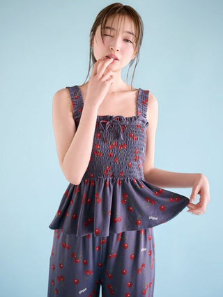 Cool Rayon Cherry Camisole With Built-in Cup & Long Pants Set