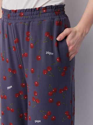 Cool Rayon Cherry Camisole With Built-in Cup & Long Pants Set