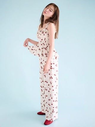 Cool Rayon Cherry Camisole With Built-in Cup & Long Pants Set